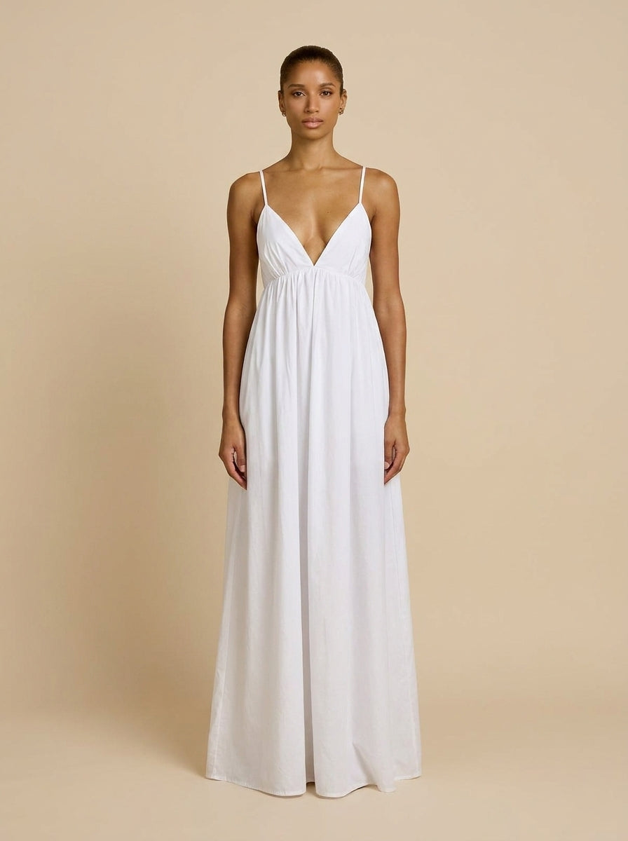 V-Neck Open Back Cotton Maxi Dress in White — Svelte Chic