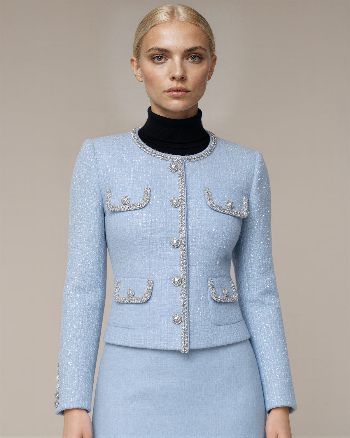 Chiara Crystal Trim Sequinned Tweed Jacket, Mist Blue, mist blue, close up above the waist