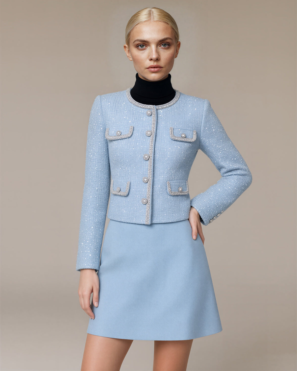Chiara Crystal Trim Sequinned Tweed Jacket, Mist Blue, mist blue, front, hands on the waist