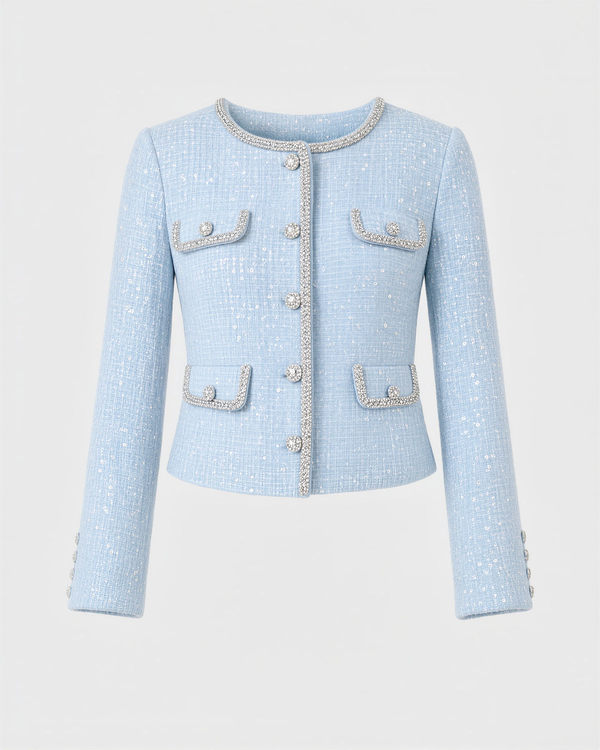 Chiara Crystal Trim Sequinned Tweed Jacket, Mist Blue, mist blue, product view without a model