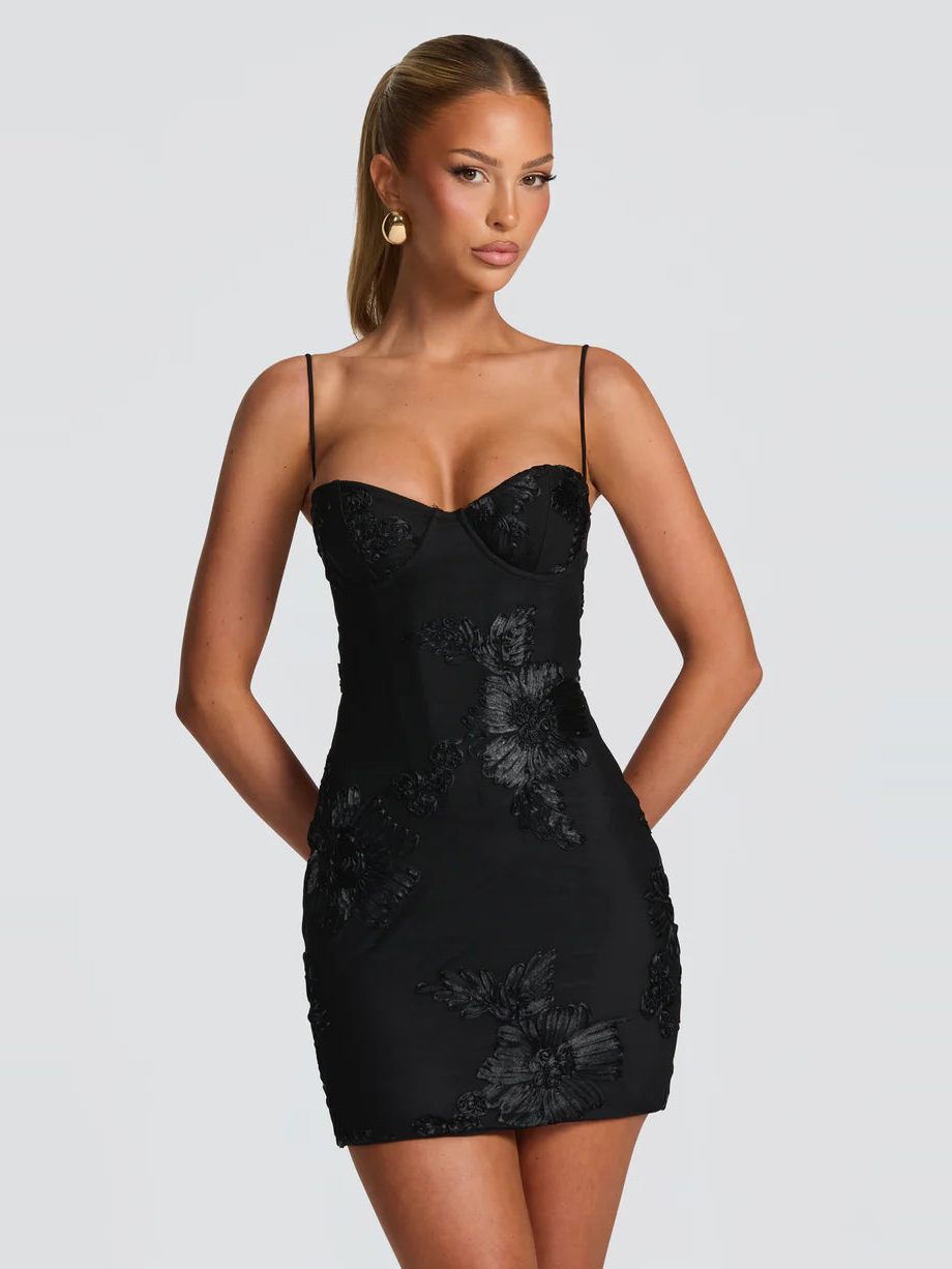 Elan Floral Lace Mini Dress in Black — Svelte Chic