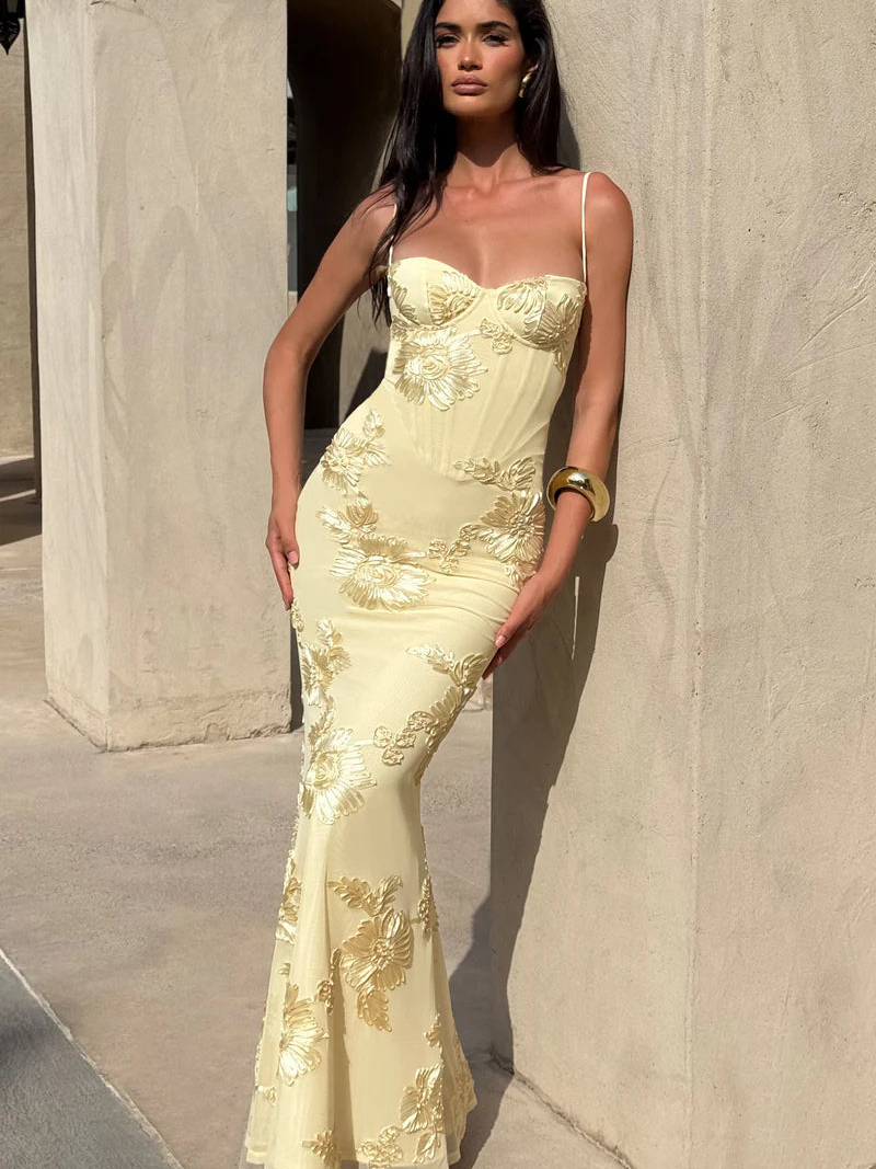 Virelle Floral Embroidered Maxi Dress in Yellow — Svelte Chic