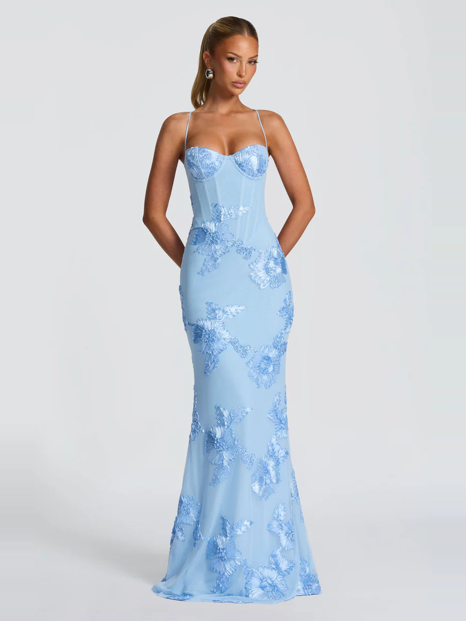 Virelle Floral Embroidered Maxi Dress in Blue — Svelte Chic