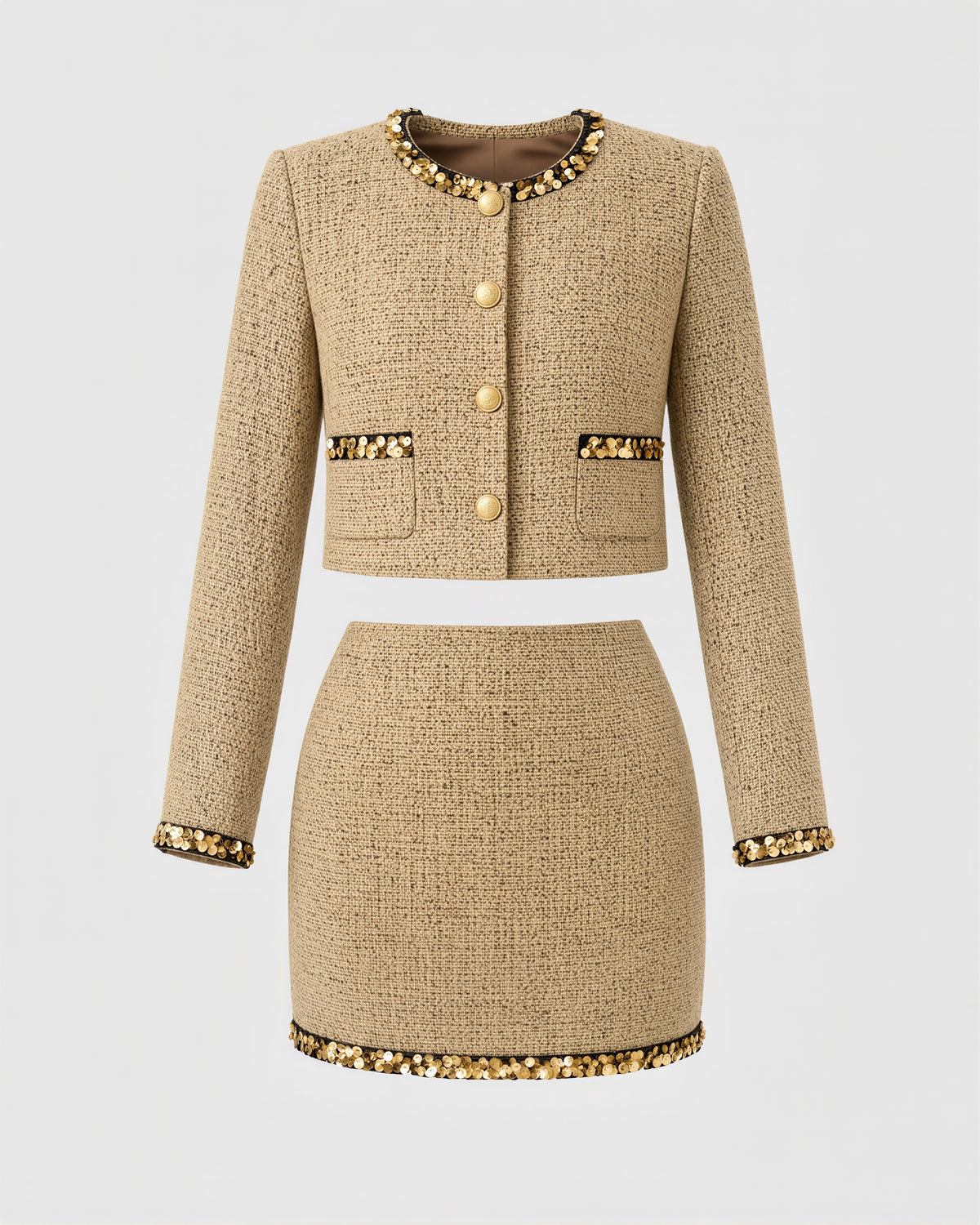 Cinzia Paillette Tweed Jacket and Mini Skirt Set, golden beige, product view without a model