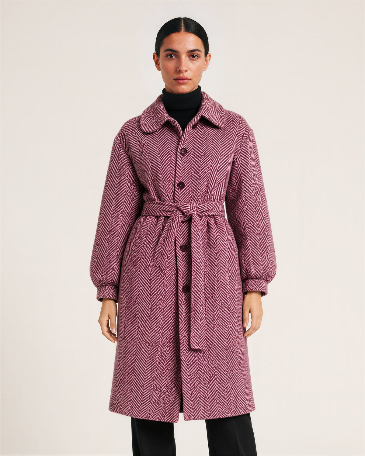 Clarice Herringbone Balloon Sleeve Tie Belt Coat, Burgundy, burgundy, front view