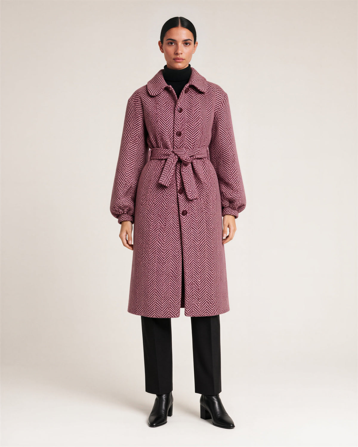Clarice Herringbone Balloon Sleeve Tie Belt Coat, Burgundy, burgundy, full length front view