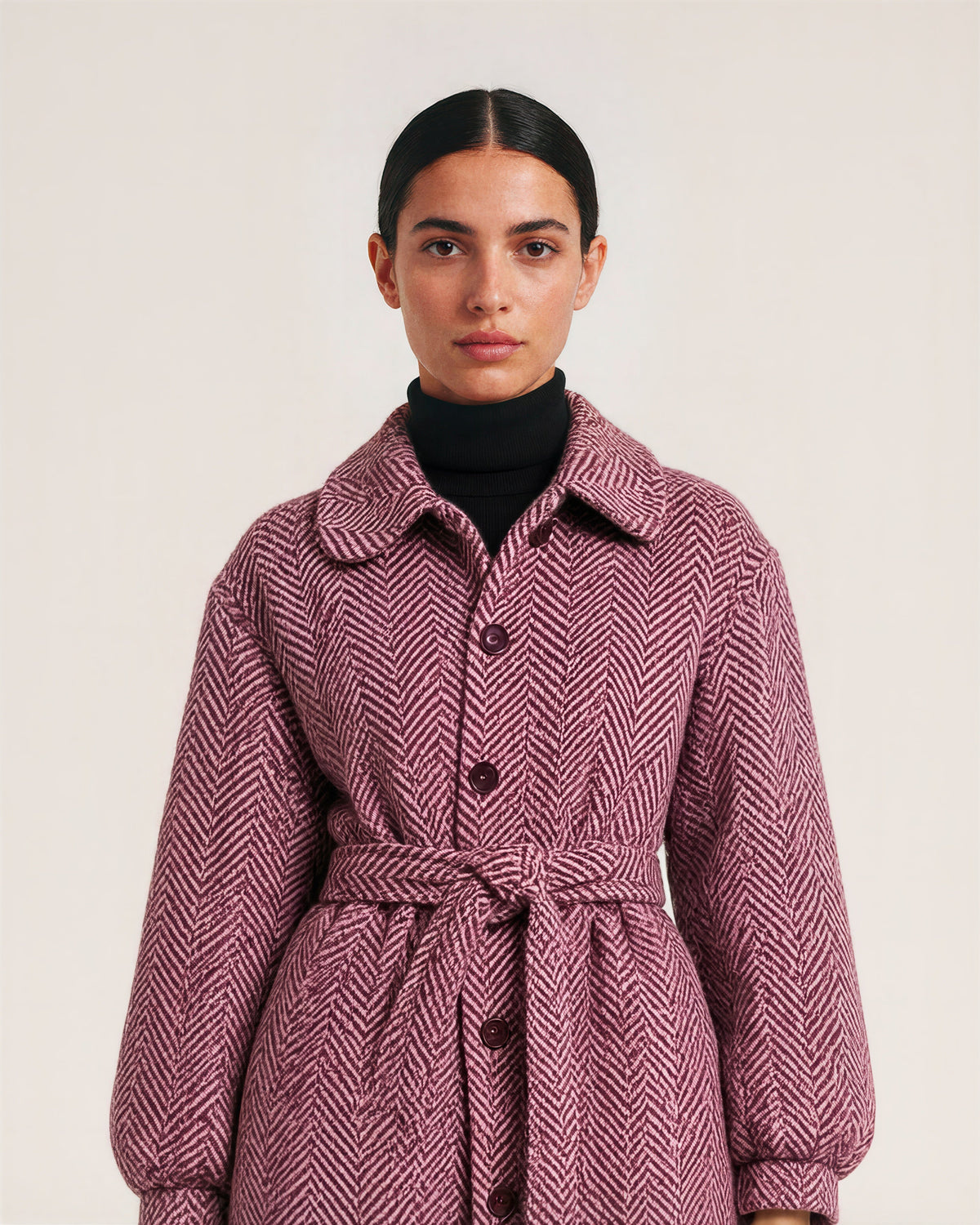 Clarice Herringbone Balloon Sleeve Tie Belt Coat, Burgundy, burgundy, close up above the waist