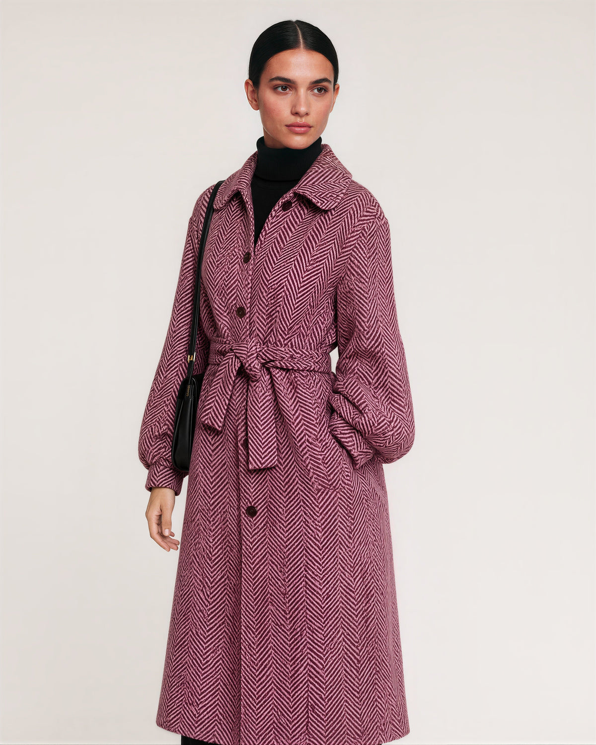 Clarice Herringbone Balloon Sleeve Tie Belt Coat, Burgundy, burgundy, three quarter view