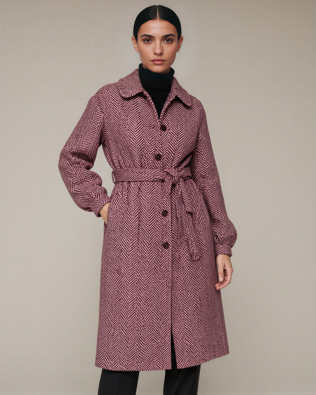 Clarice Herringbone Balloon Sleeve Tie Belt Coat, Burgundy, burgundy, front, hands on the waist