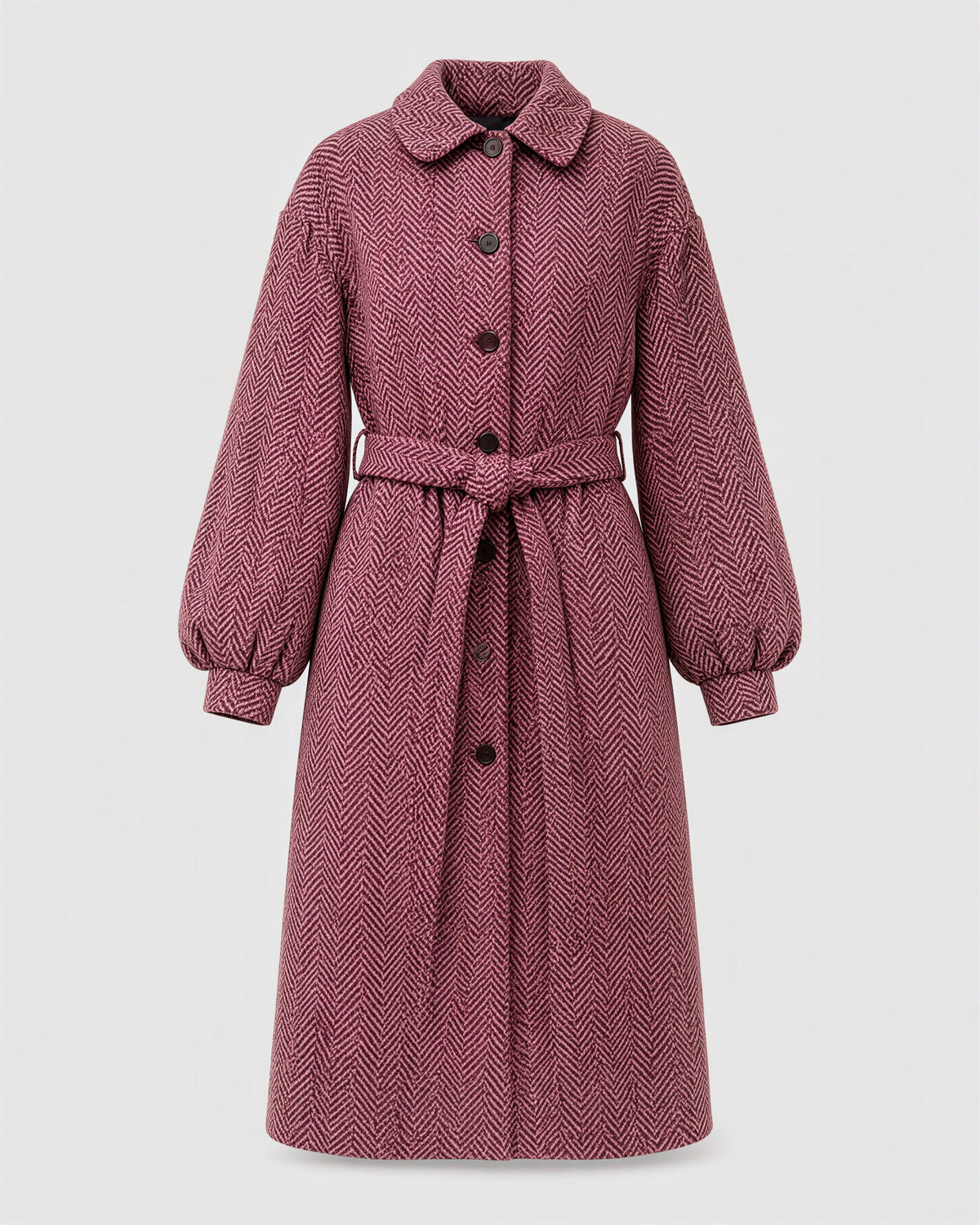 Clarice Herringbone Balloon Sleeve Tie Belt Coat, Burgundy, burgundy, product view without a model