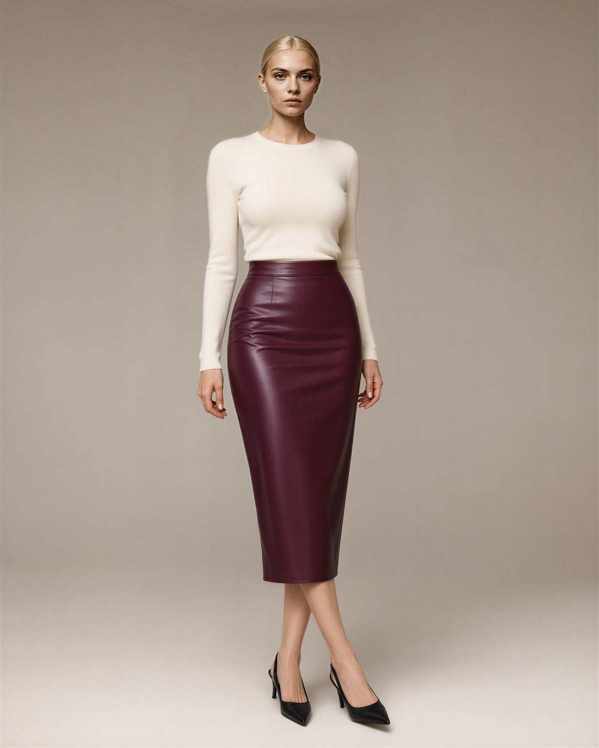 Claudia Back Slit Faux Leather Midi Pencil Skirt, burgundy, full length walking view