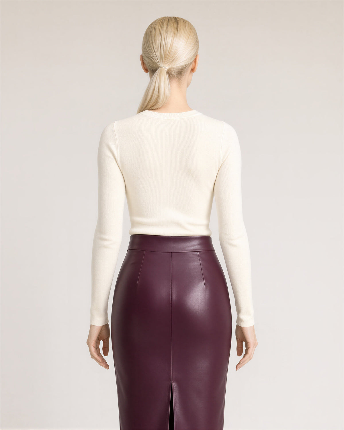 Claudia Back Slit Faux Leather Midi Pencil Skirt, burgundy, back view