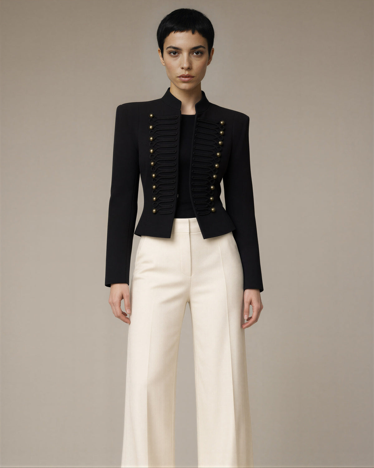 Clelia Cord Embroidered Mandarin Collar Military Jacket, black, front view