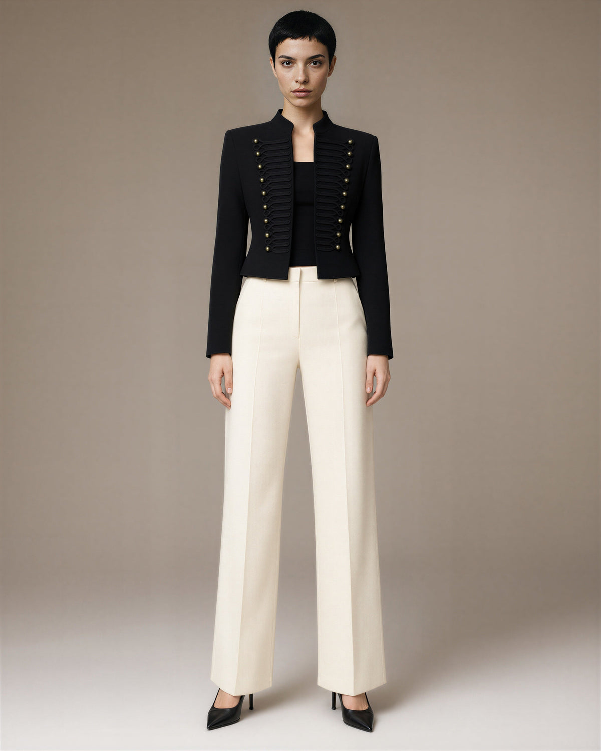 Clelia Cord Embroidered Mandarin Collar Military Jacket, black, full length front view