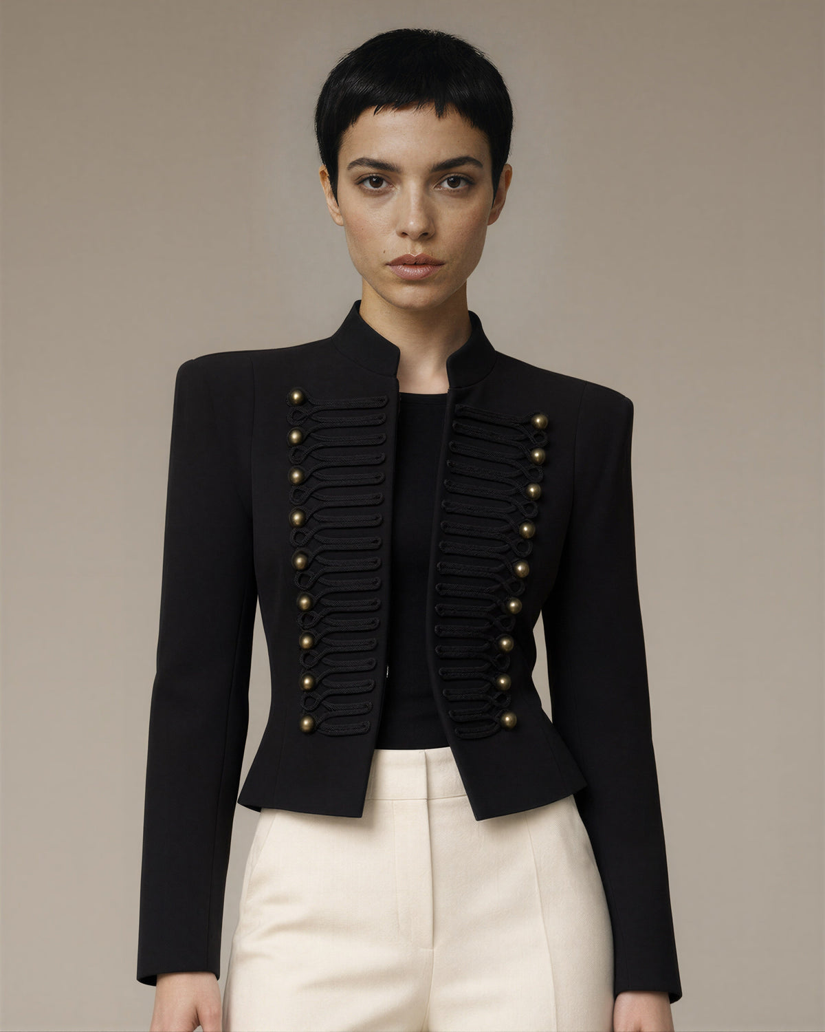 Clelia Cord Embroidered Mandarin Collar Military Jacket, black, close up above the waist