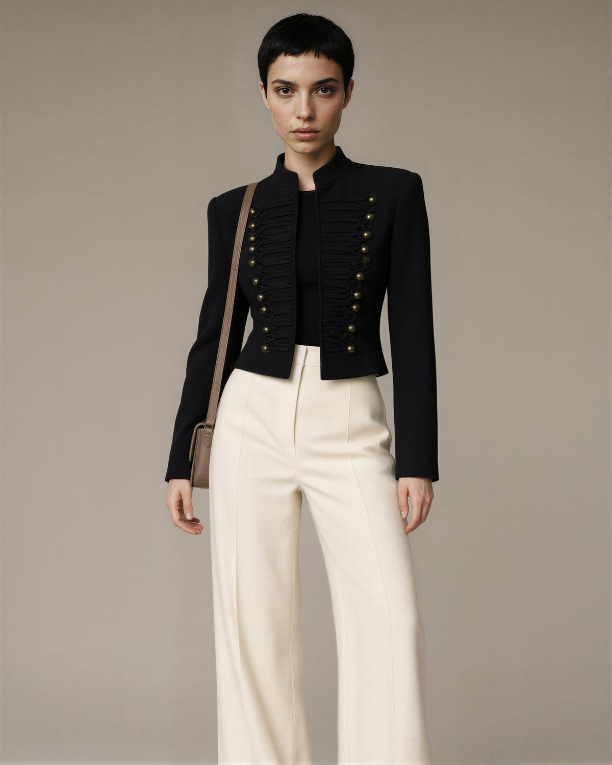Clelia Cord Embroidered Mandarin Collar Military Jacket, black, three quarter view