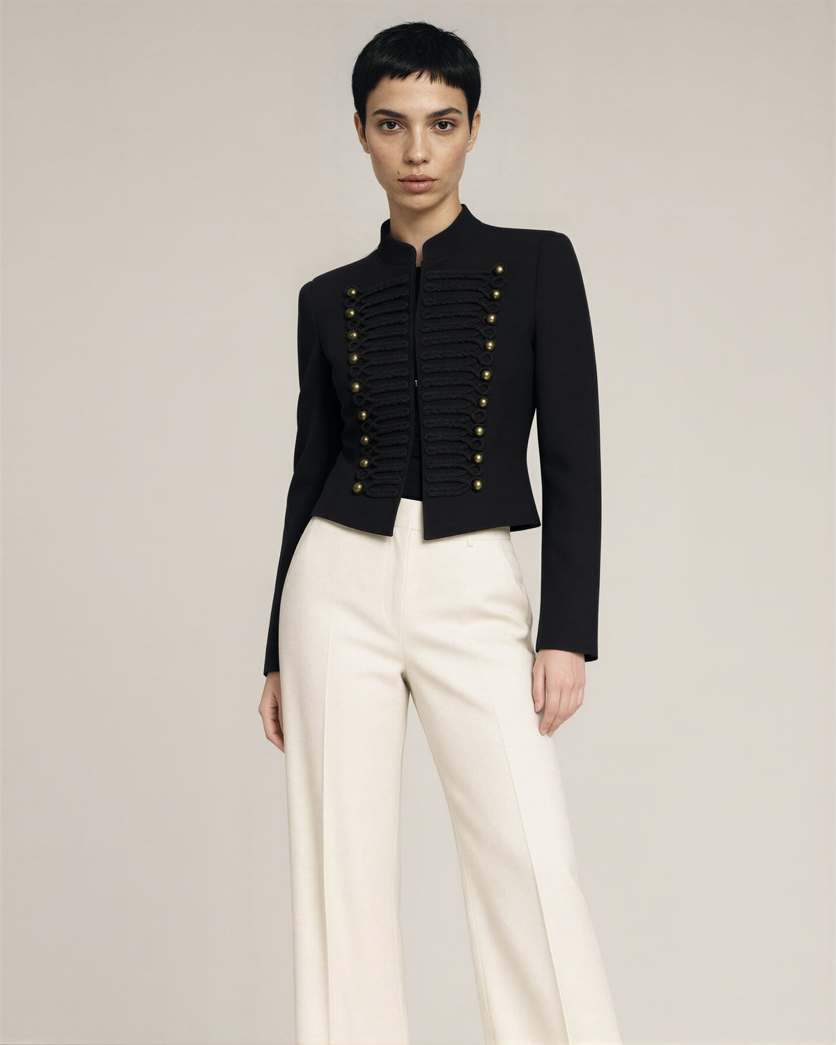 Clelia Cord Embroidered Mandarin Collar Military Jacket, black, front, hands on the waist