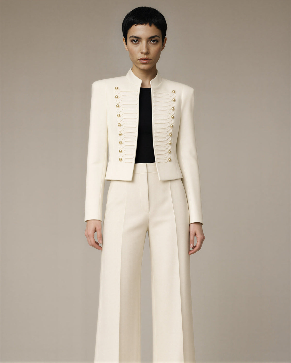 Clelia Cord Embroidered Mandarin Collar Military Jacket, off white color option
