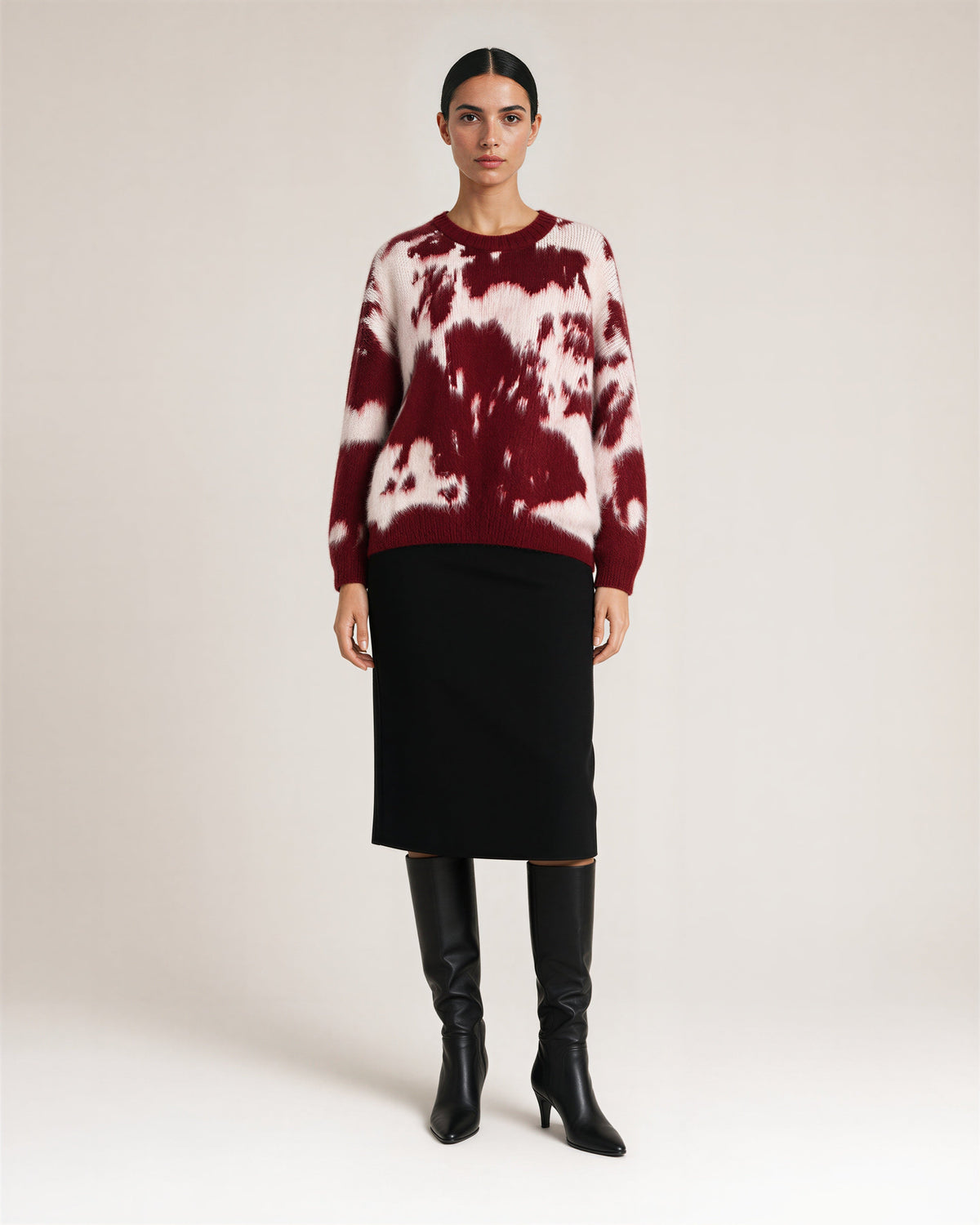 Clodia Cloud Motif Brushed Oversized Sweater, burgundy cream, full length front view