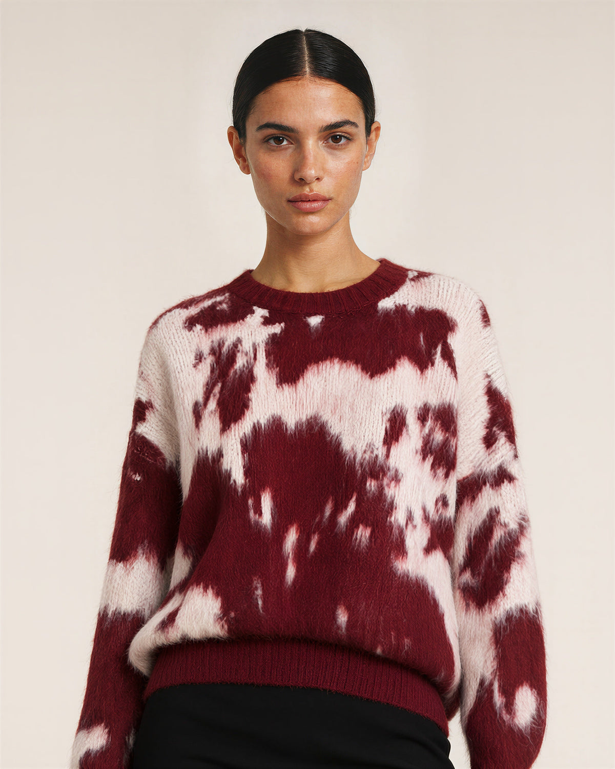 Clodia Cloud Motif Brushed Oversized Sweater, burgundy cream, close up above the waist