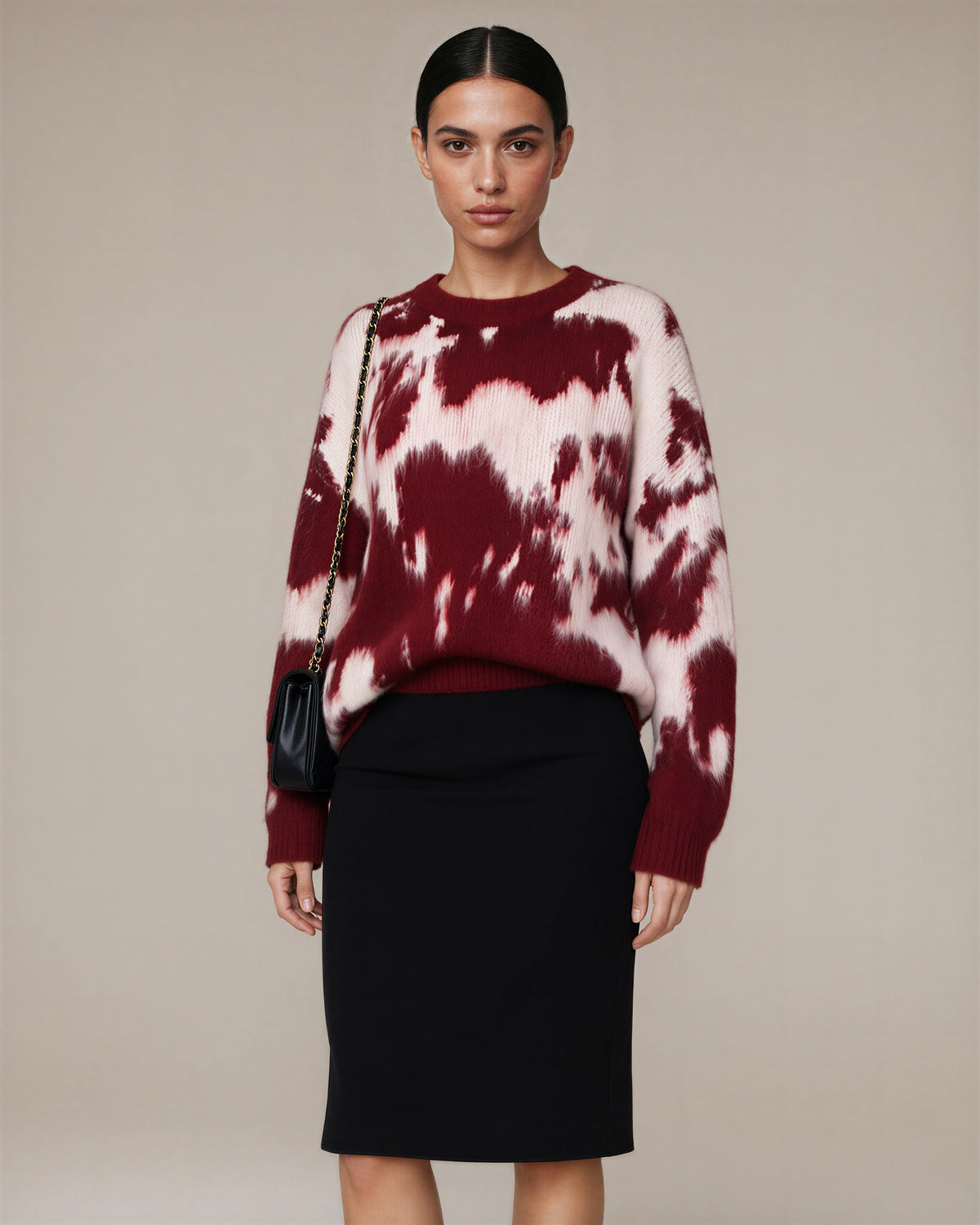 Clodia Cloud Motif Brushed Oversized Sweater, burgundy cream, three quarter view