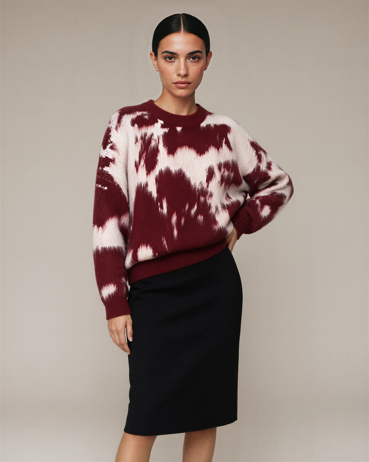 Clodia Cloud Motif Brushed Oversized Sweater, burgundy cream, front, hands on the waist