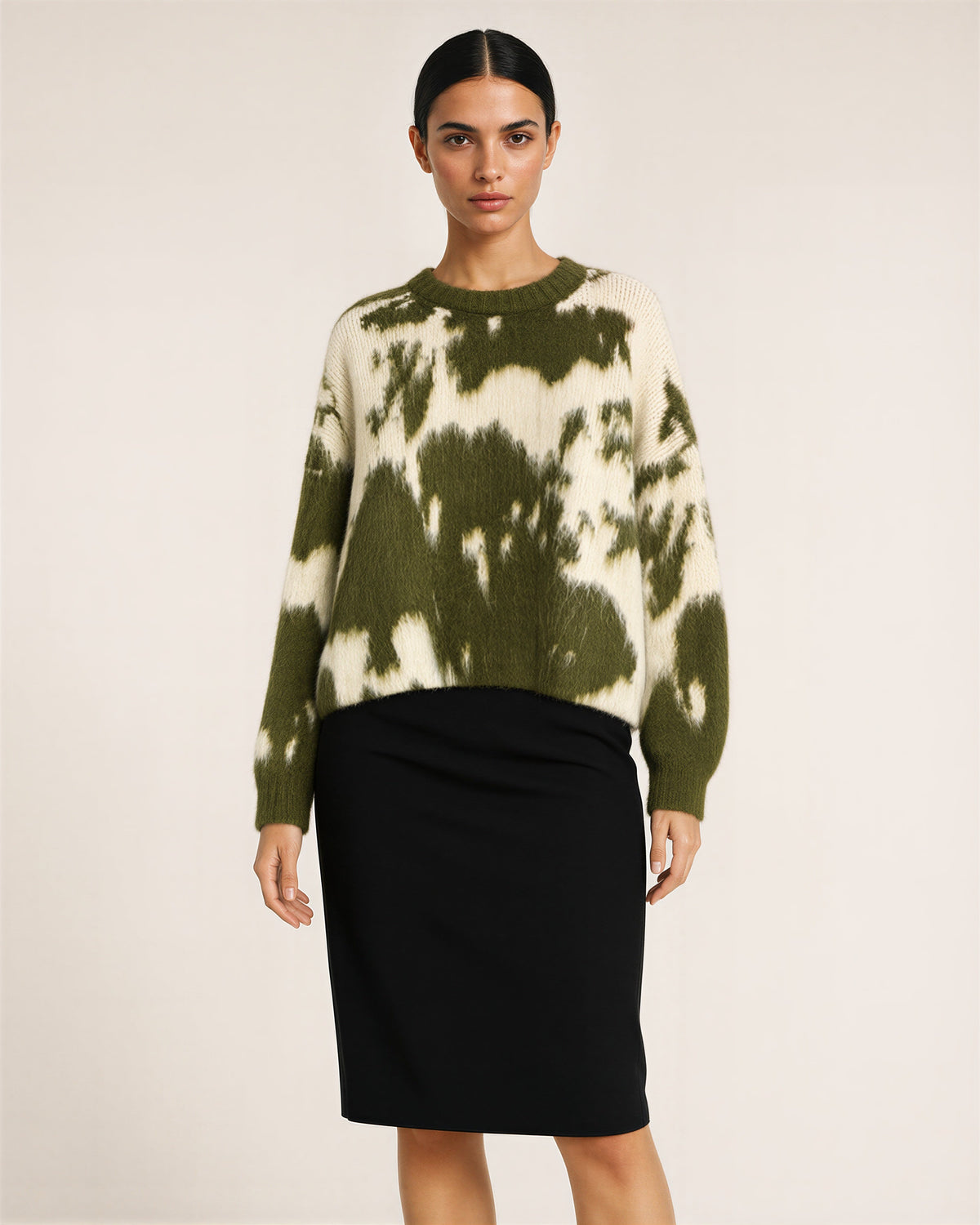 Clodia Cloud Motif Brushed Oversized Sweater, olive green cream color option