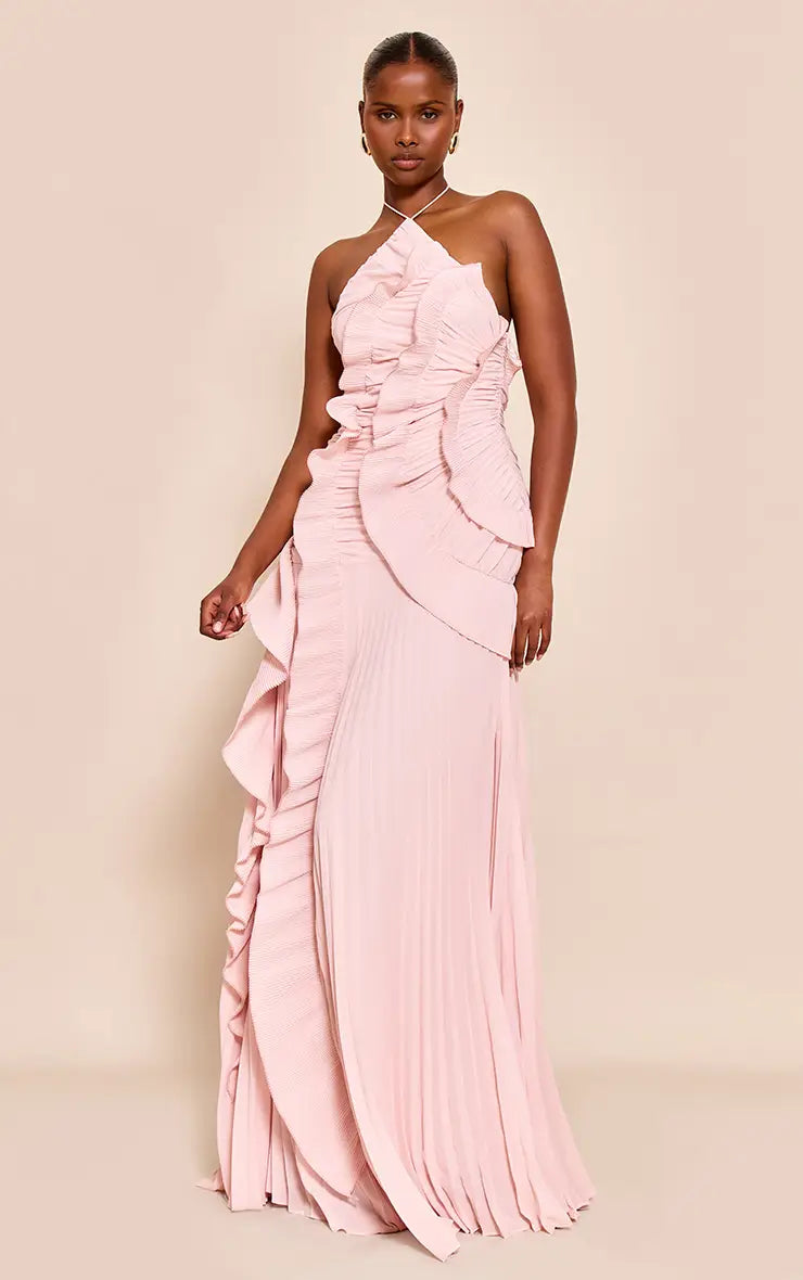 Flora Halter Pleated Maxi Dress in Pink — Svelte Chic