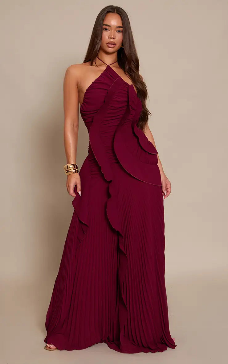 Flora Halter Pleated Maxi Dress in Burgundy — Svelte Chic