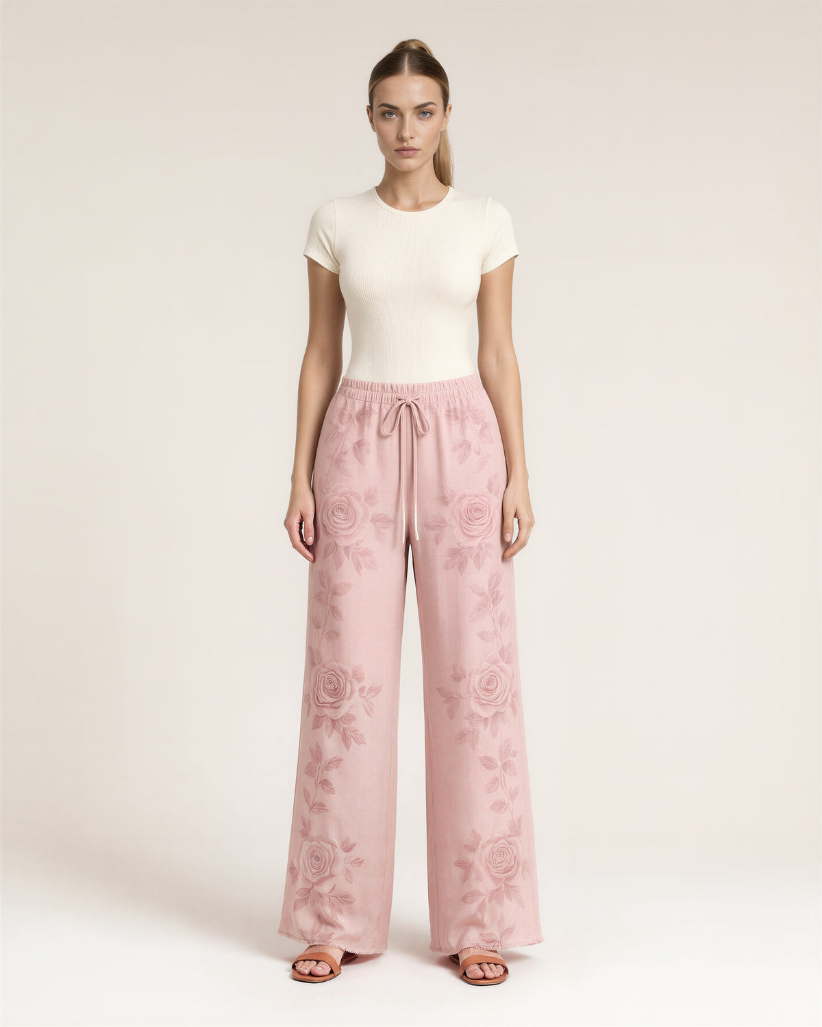 Corinna Rose Print Drawstring Wide Leg Trousers, powder pink, full length front view