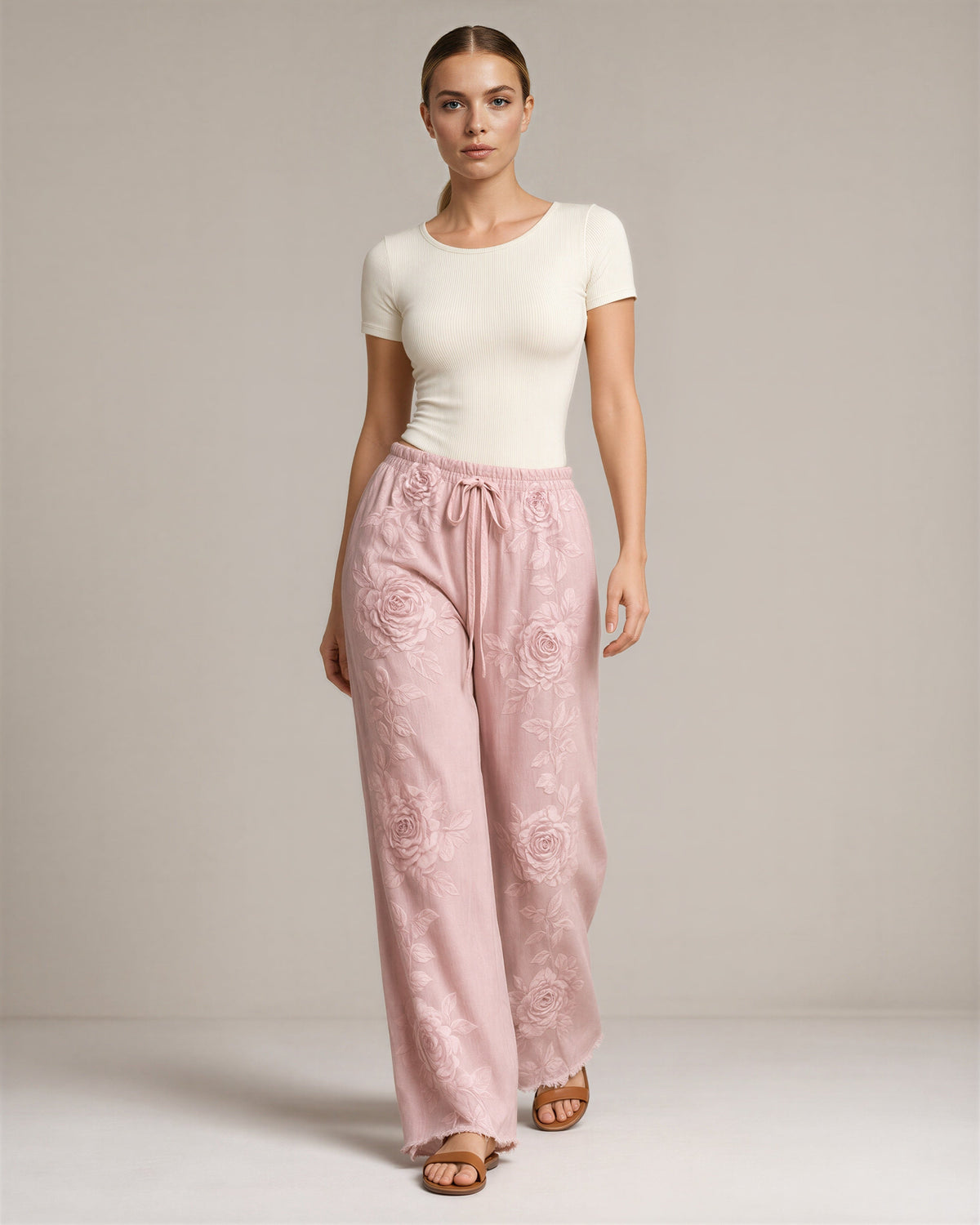 Corinna Rose Print Drawstring Wide Leg Trousers, powder pink, full length walking view