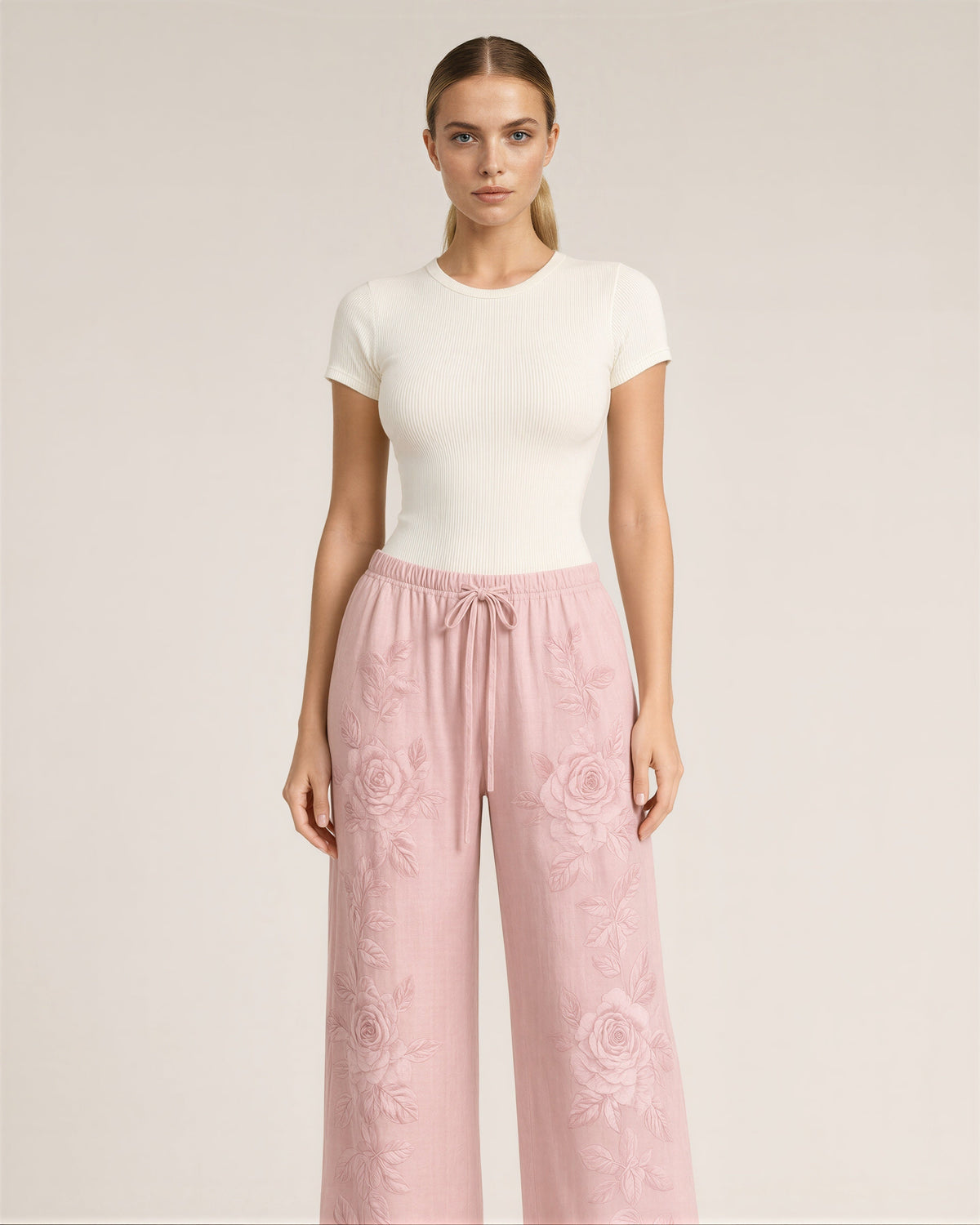 Corinna Rose Print Drawstring Wide Leg Trousers, powder pink, front view