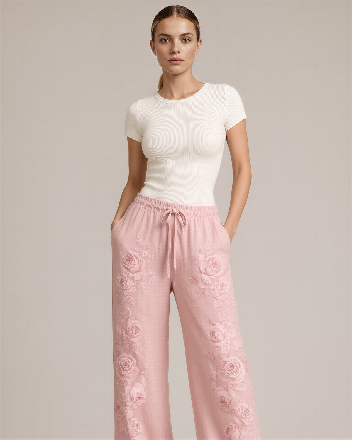 Corinna Rose Print Drawstring Wide Leg Trousers, powder pink, front, hands in pockets