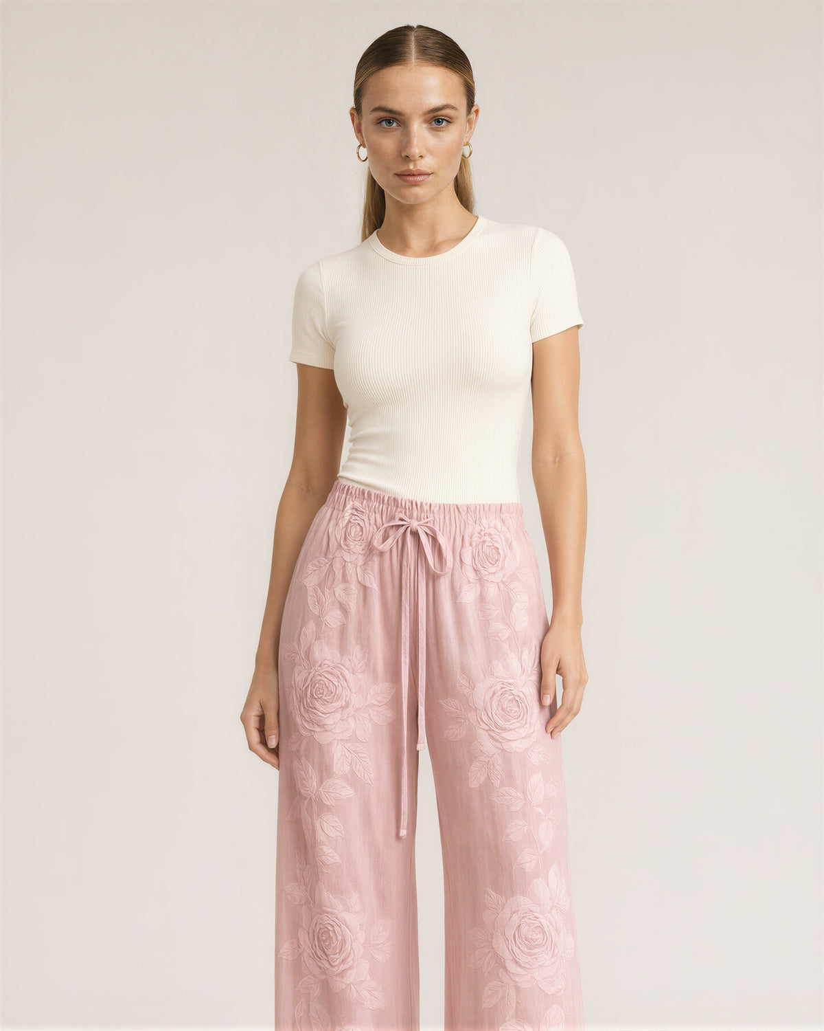 Corinna Rose Print Drawstring Wide Leg Trousers, powder pink, three quarter view