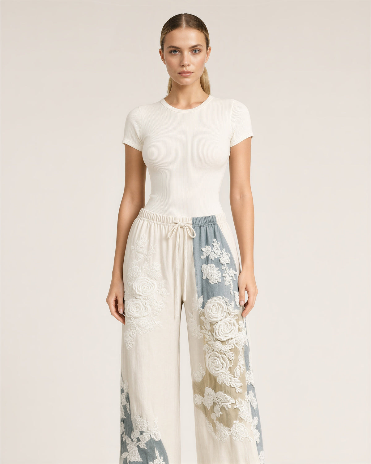 Corinna Rose Print Drawstring Wide Leg Trousers, patchwork ecru color option