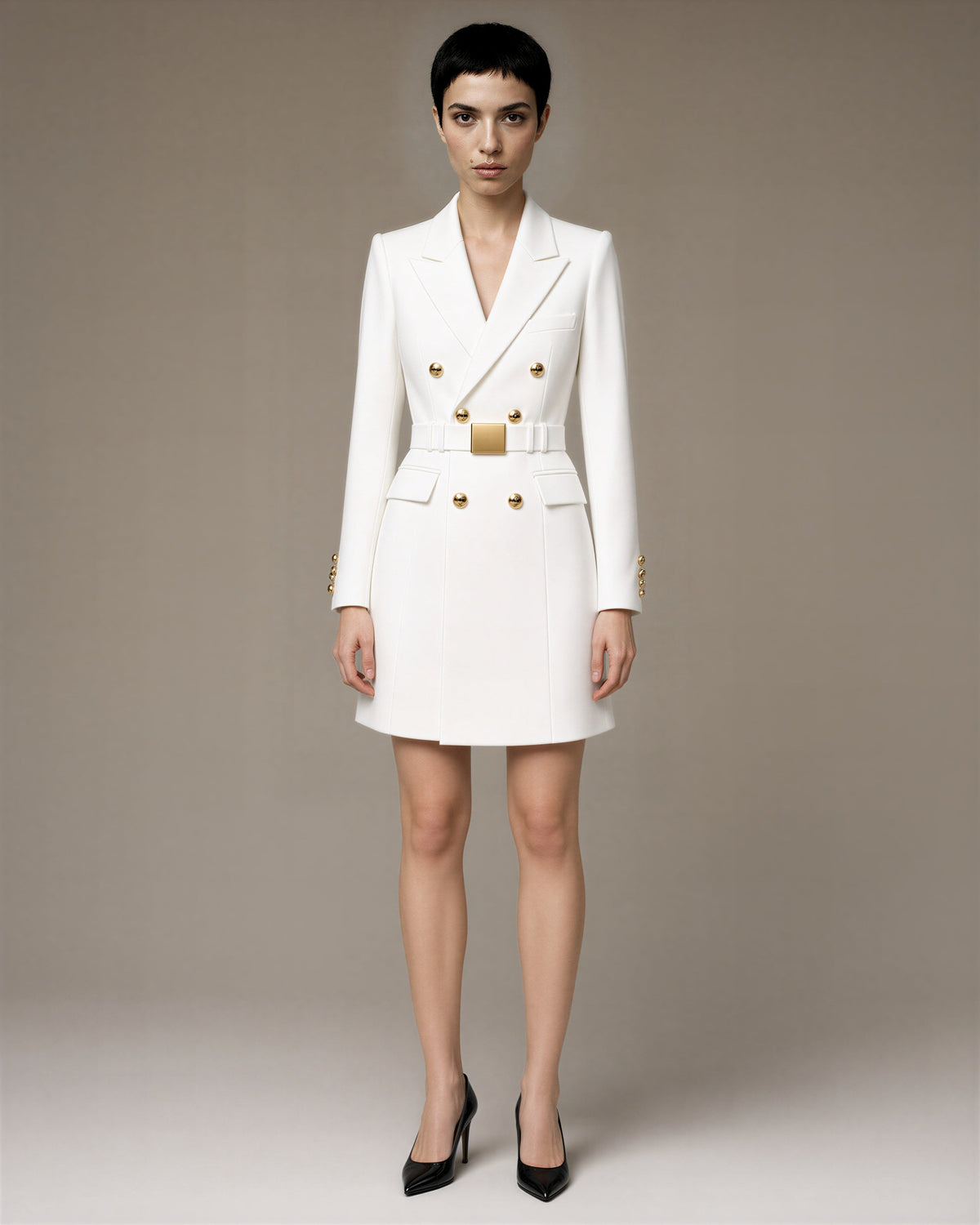 Costanza Belted Double Breasted Mini Blazer Dress, white, full length front view