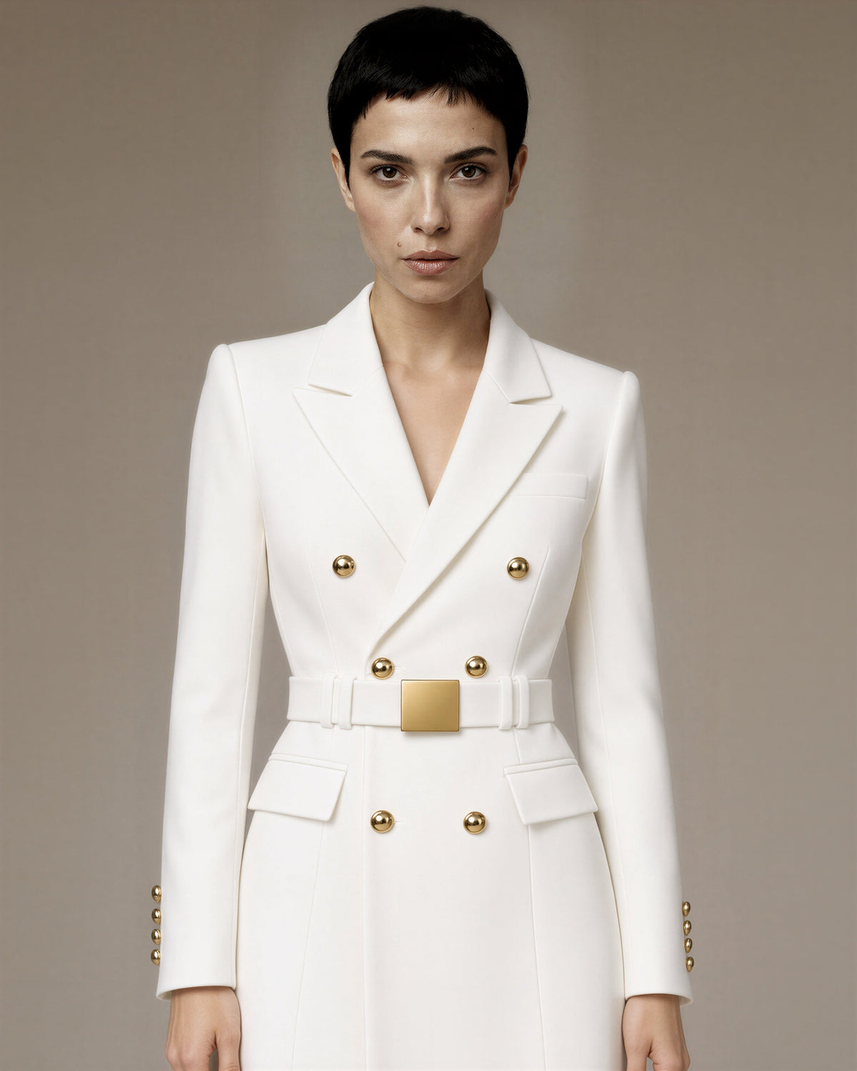 Costanza Belted Double Breasted Mini Blazer Dress, white, close up above the waist