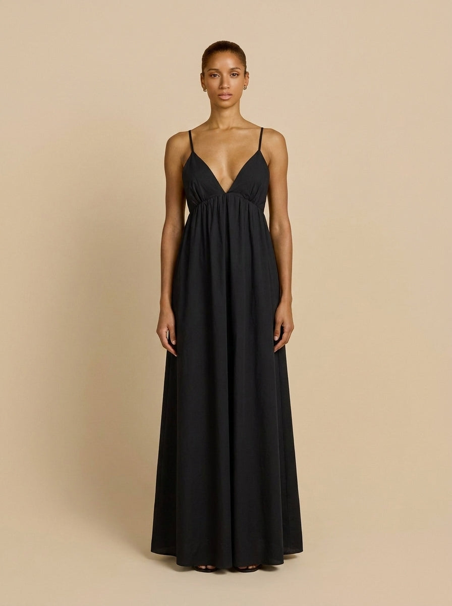 V-Neck Open Back Cotton Maxi Dress in Black — Svelte Chic