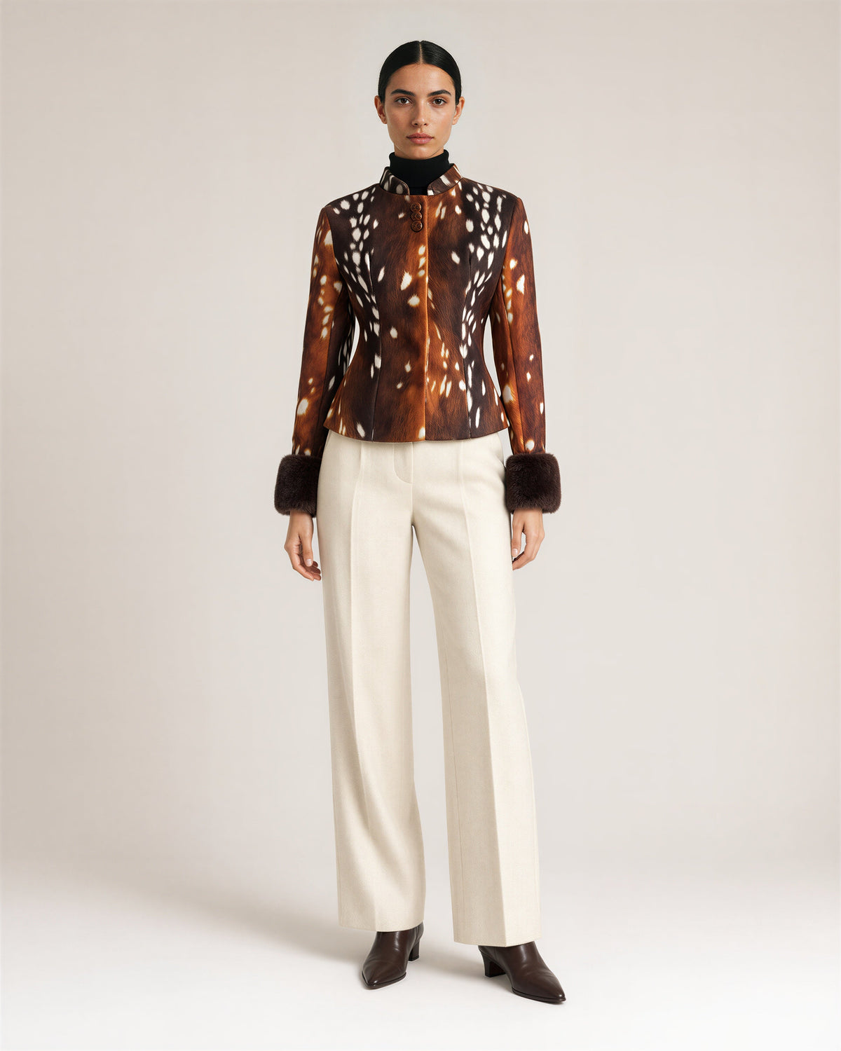 Dafne Faux Fur Cuff Deer Print Jacket, brown, full length front view