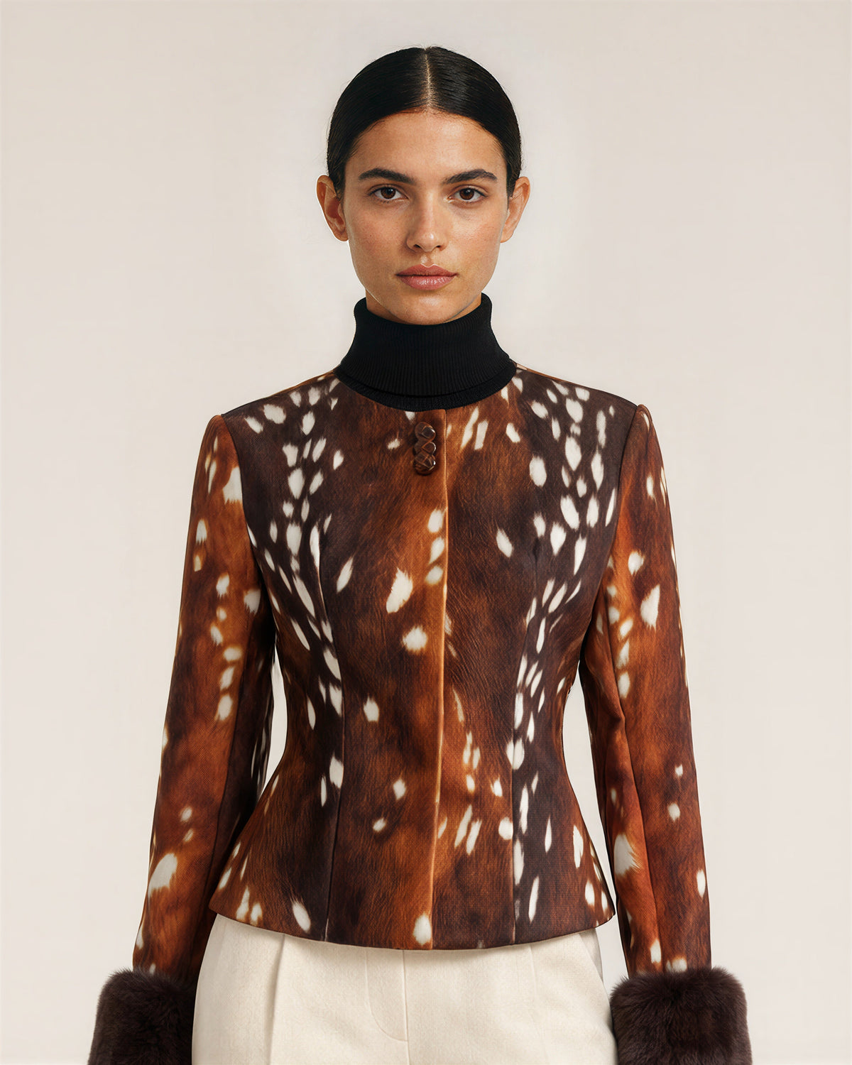 Dafne Faux Fur Cuff Deer Print Jacket, brown, close up above the waist