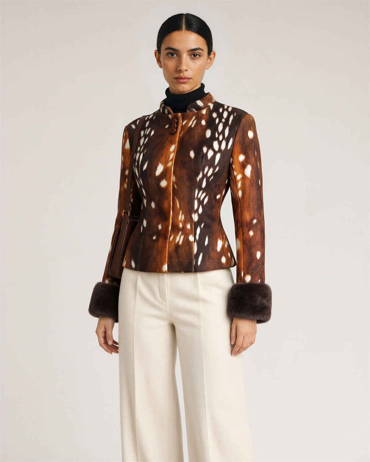 Dafne Faux Fur Cuff Deer Print Jacket, brown, three quarter view