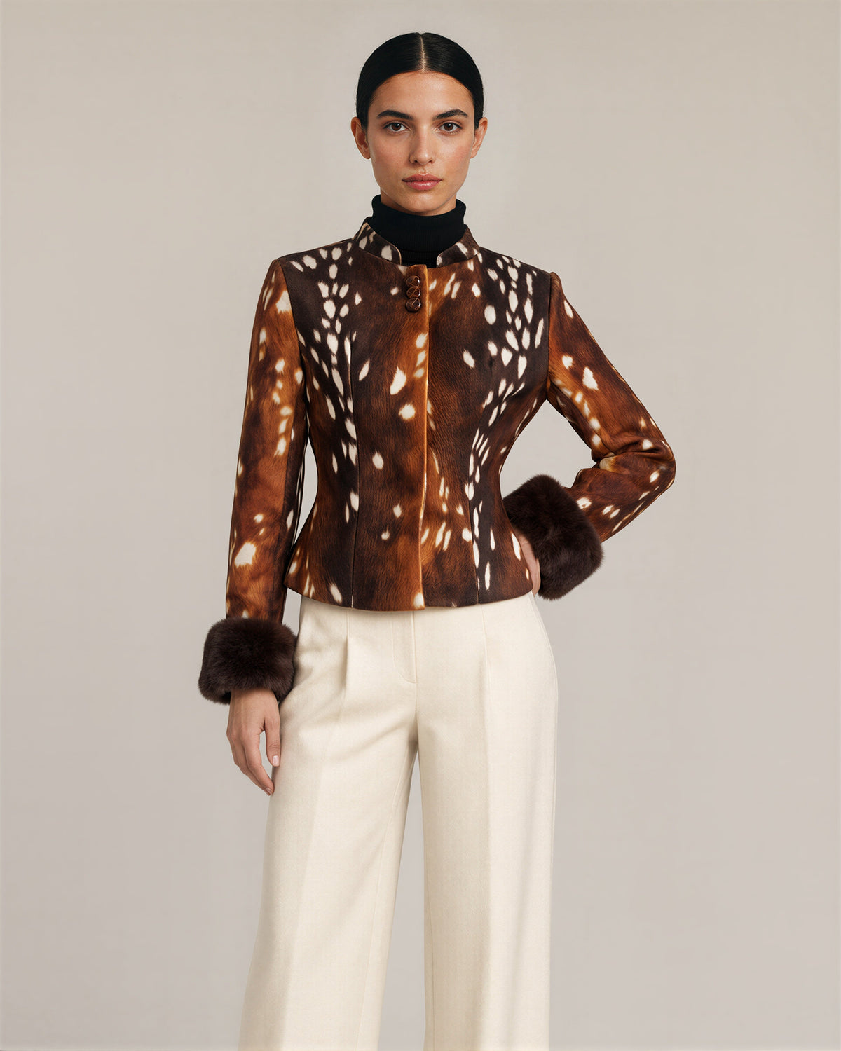 Dafne Faux Fur Cuff Deer Print Jacket, brown, front, hands on the waist