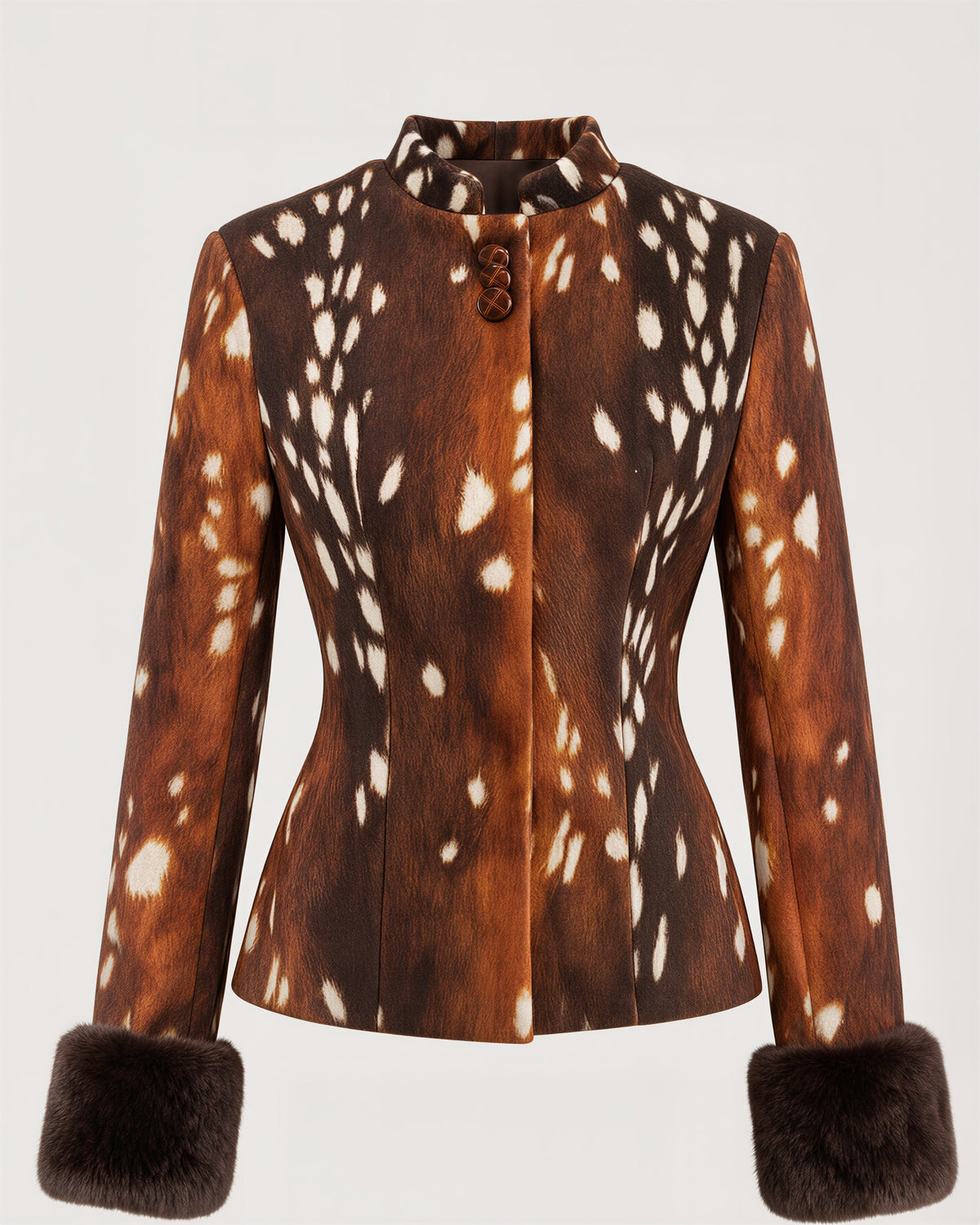 Dafne Faux Fur Cuff Deer Print Jacket, brown, product view without a model