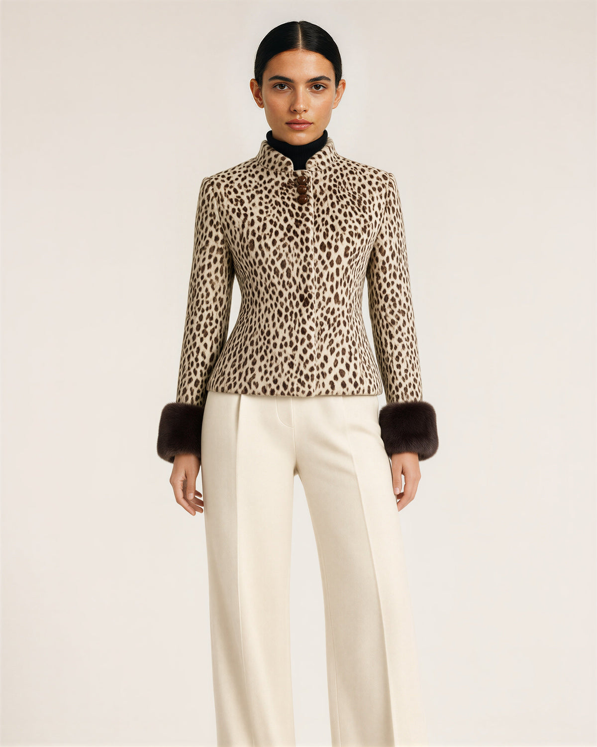 Dafne Faux Fur Cuff Deer Print Jacket, speckled beige color option