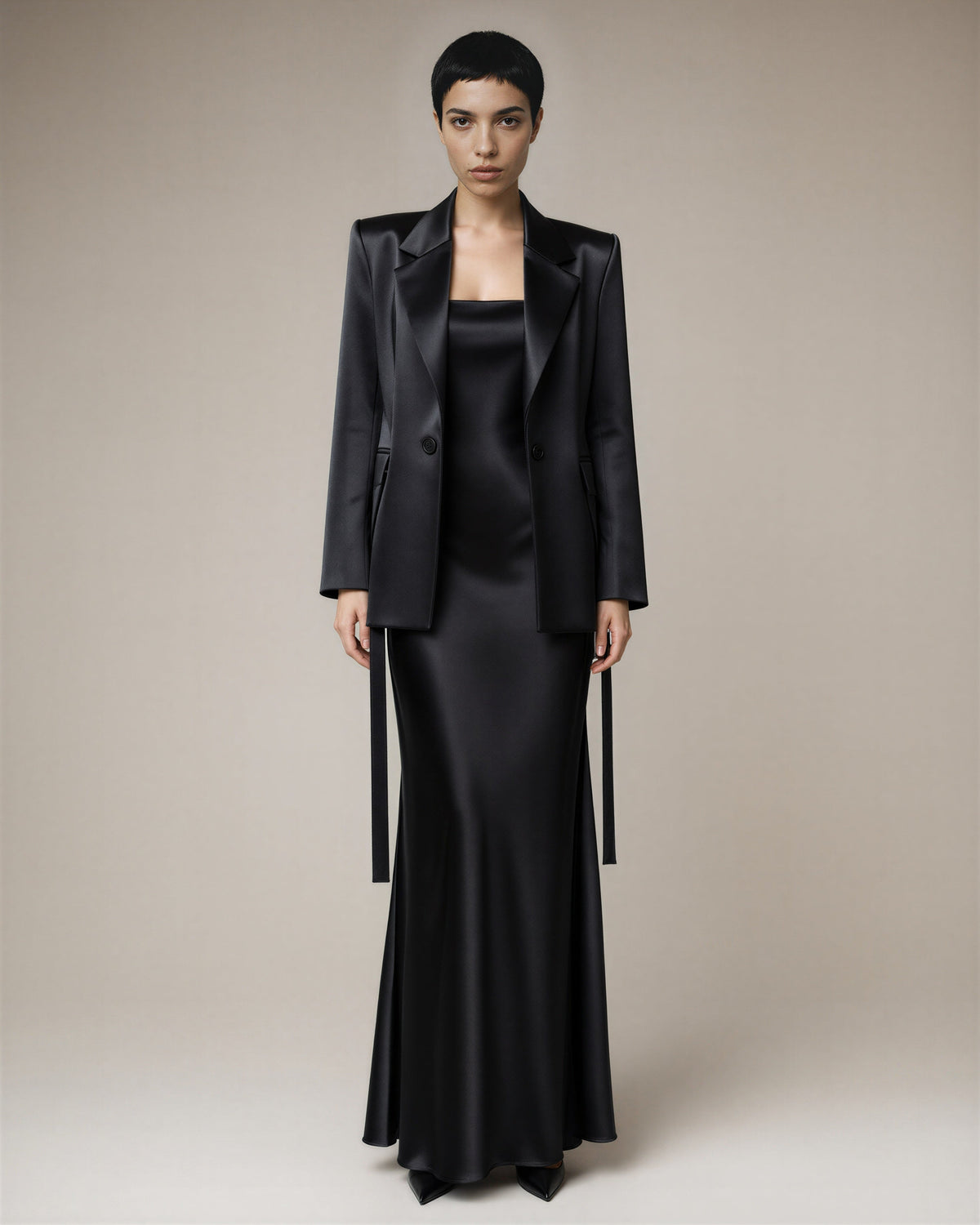 Dalila Satin Blazer and Strappy Maxi Dress Set, black, full length front view