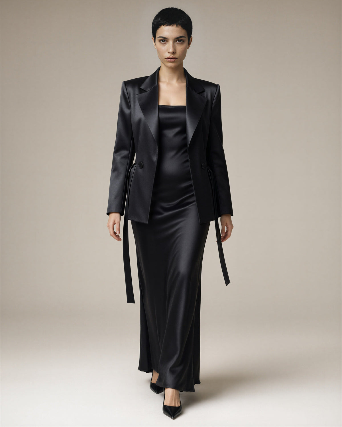 Dalila Satin Blazer and Strappy Maxi Dress Set, black, full length walking view