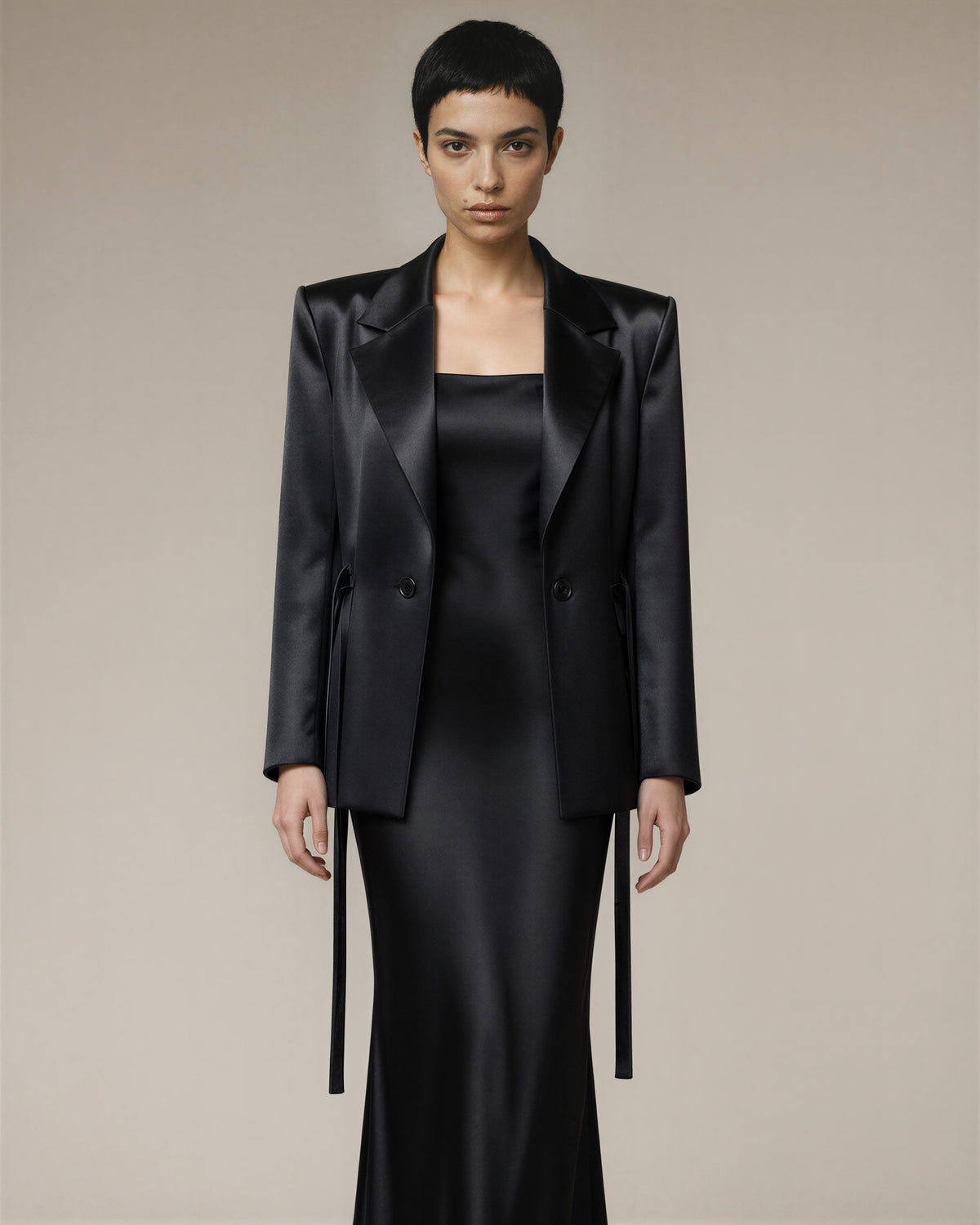 Dalila Satin Blazer and Strappy Maxi Dress Set, black, front view