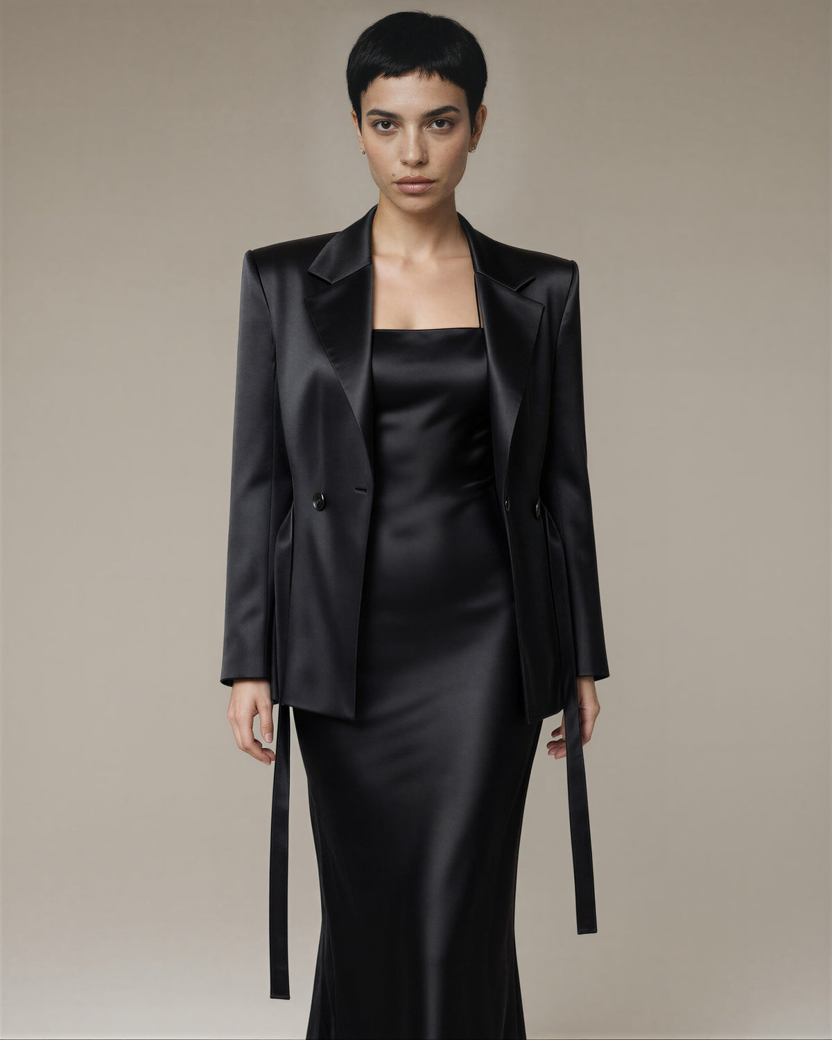 Dalila Satin Blazer and Strappy Maxi Dress Set, black, three quarter view