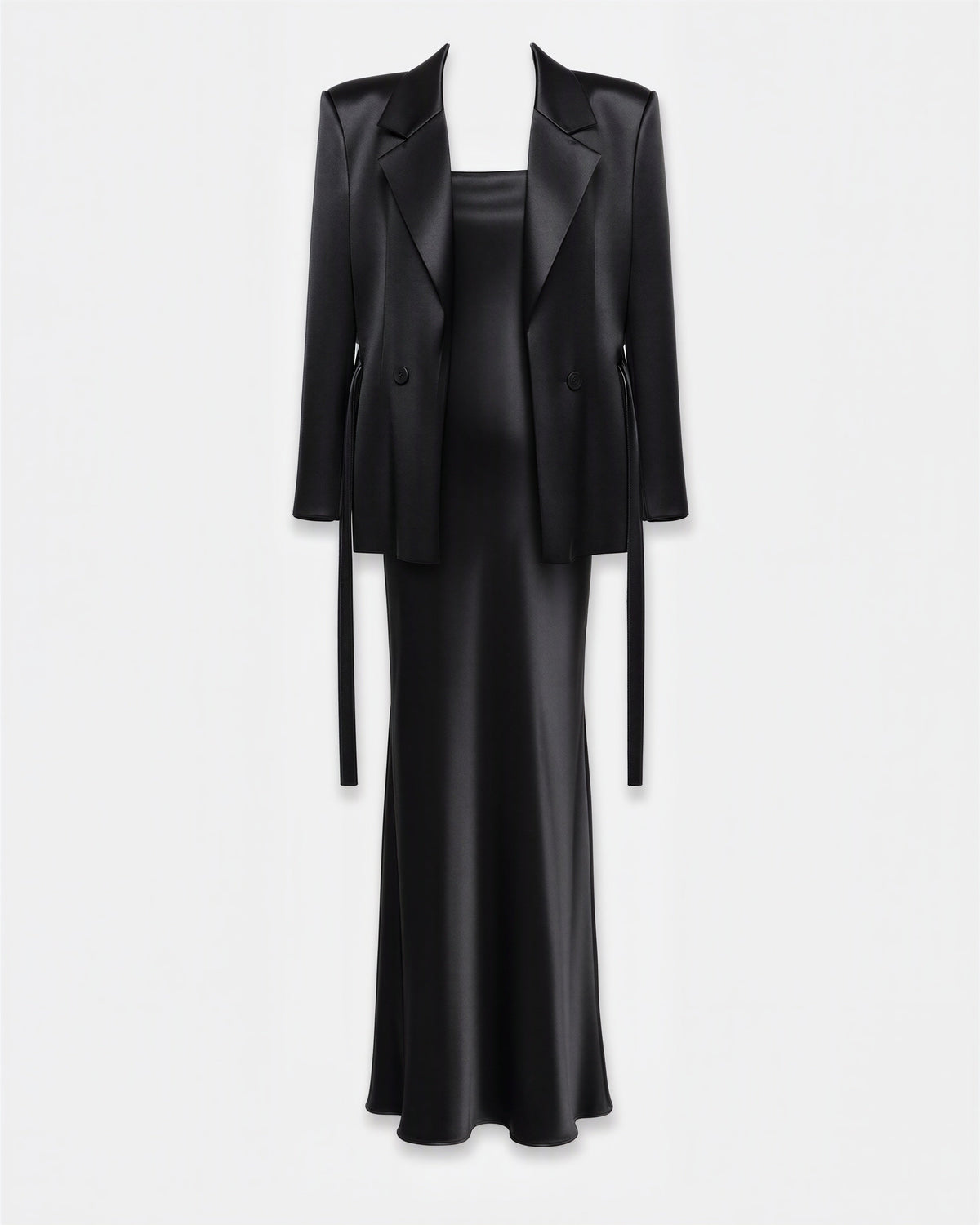 Dalila Satin Blazer and Strappy Maxi Dress Set, black, product view without a model