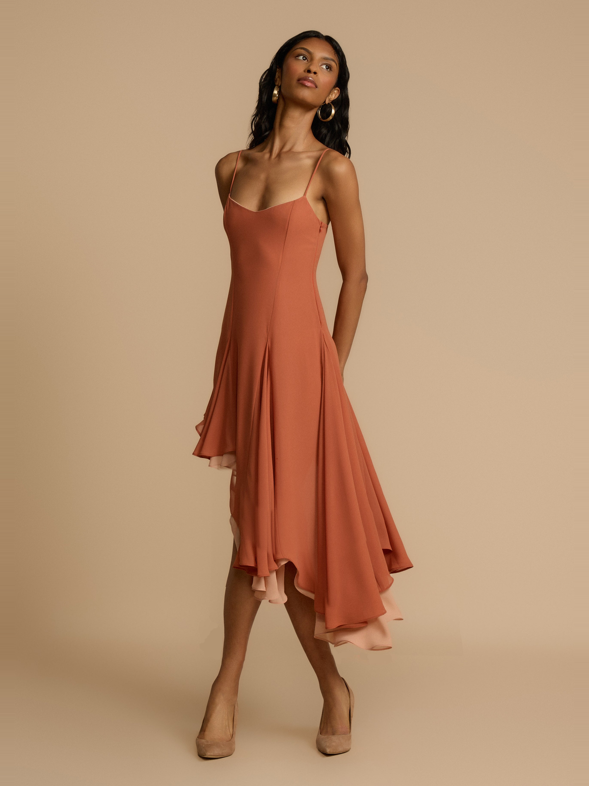 Dana Asymmetric Satin Dress in Peach — Svelte Chic